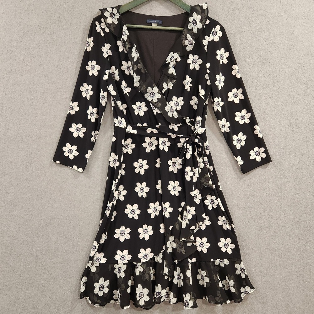 Tommy Hilfiger Womens Black White Dress 10 Floral Ruffle Faux Wrap 3/4 Sleeve